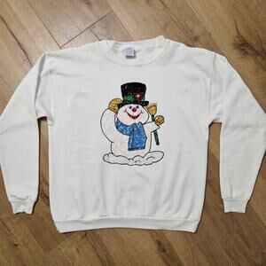 Vtg Handsewn Sequin Beaded Frosty Snowman White Ugly Christmas Sweatshirt XL EUC